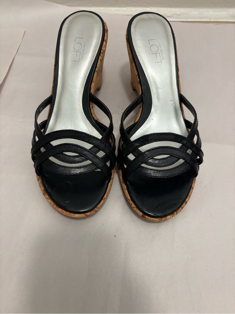 LOFT Colleen Black Strappy Cork Wedge Mules